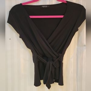 Hiates Black cross body tie waist womens top